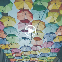 Umbrellas hanging overhead in an art project