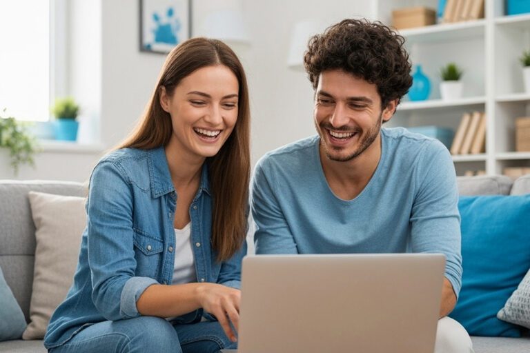 Couple researching on laptop